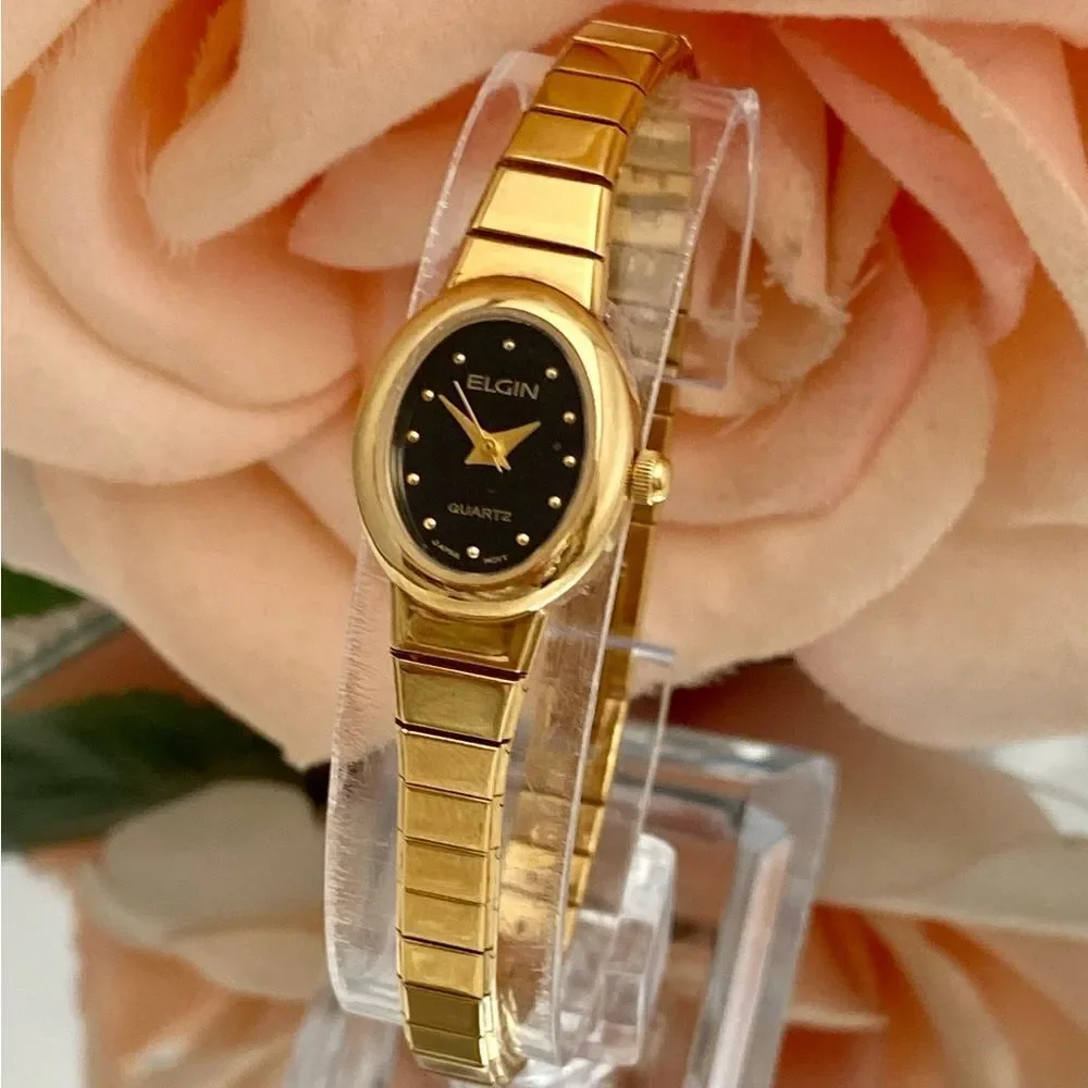 Vintage Elgin Gold-Tone Black Dial Dainty Dress Watch